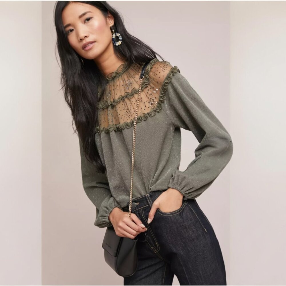 Ranna Gill Bowen Ruffle Sequin Metallic Blouse Green Anthropologie Size M